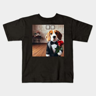 Beagle dog in formal tuxedo carrying red rose Kids T-Shirt